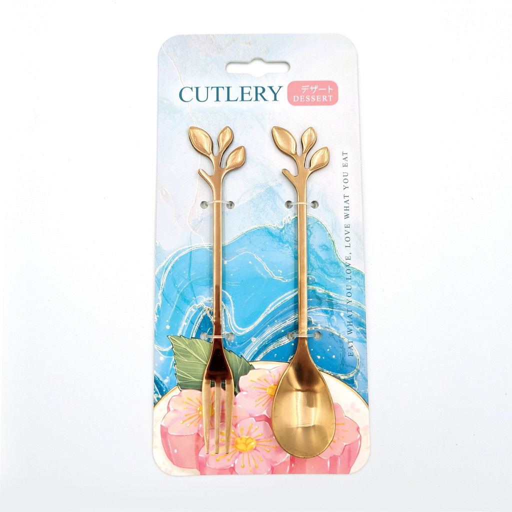 ช้อน- ส้อมขนมหวาน ลายใบไม้ (โรสโกลด์) (600แพ็ก)