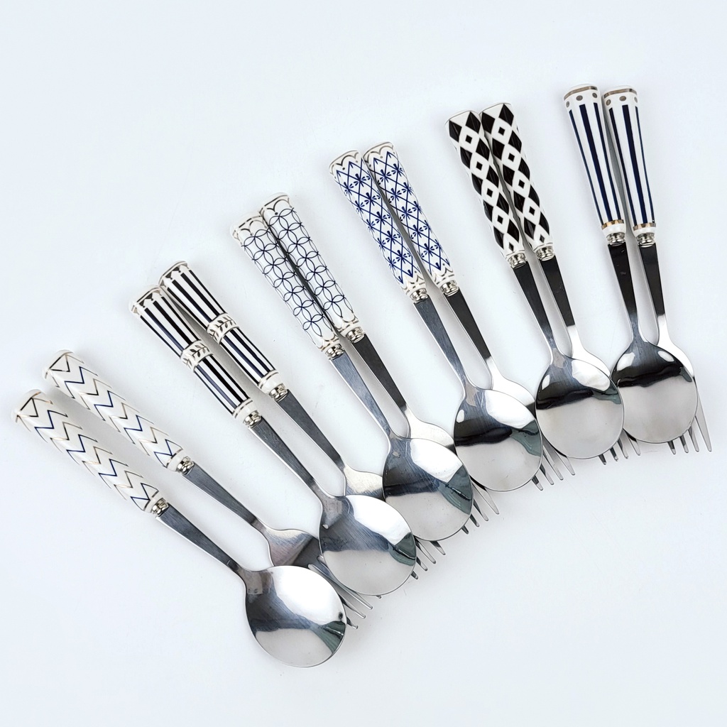 ชุดช้อนส้อม ด้ามจับเซรามิก 19 ซม.(ลายเส้น)(144คู่)