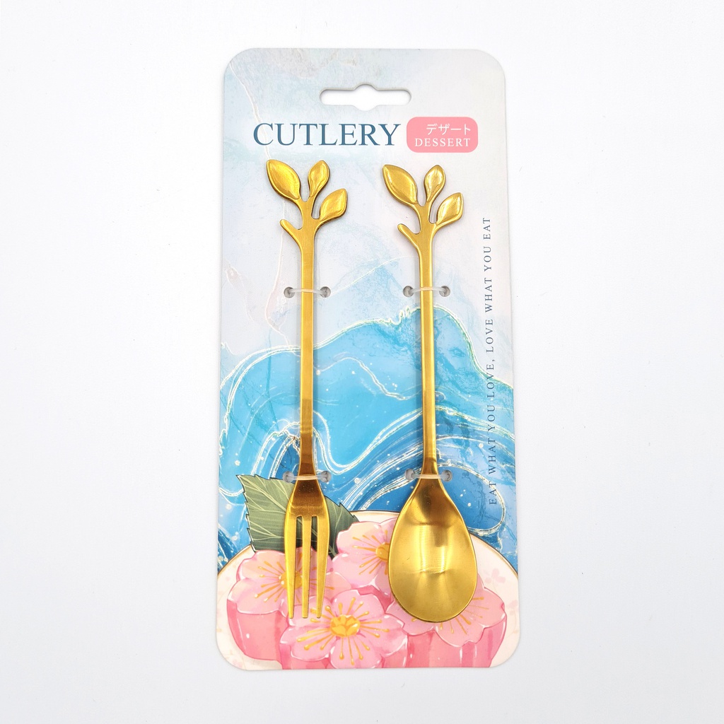 ช้อน- ส้อมขนมหวาน ลายใบไม้ (ทอง) (600แพ็ก)