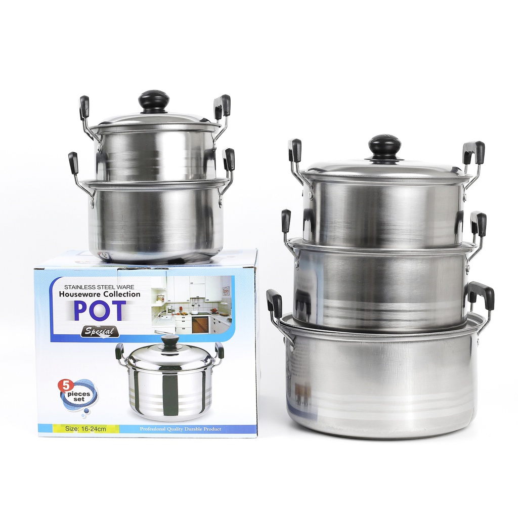 หม้อสองหู หูตั้งฝาสเตนเลส 5ใบ/ชุด 16-18-20-22-24ซม. (6ชุด)