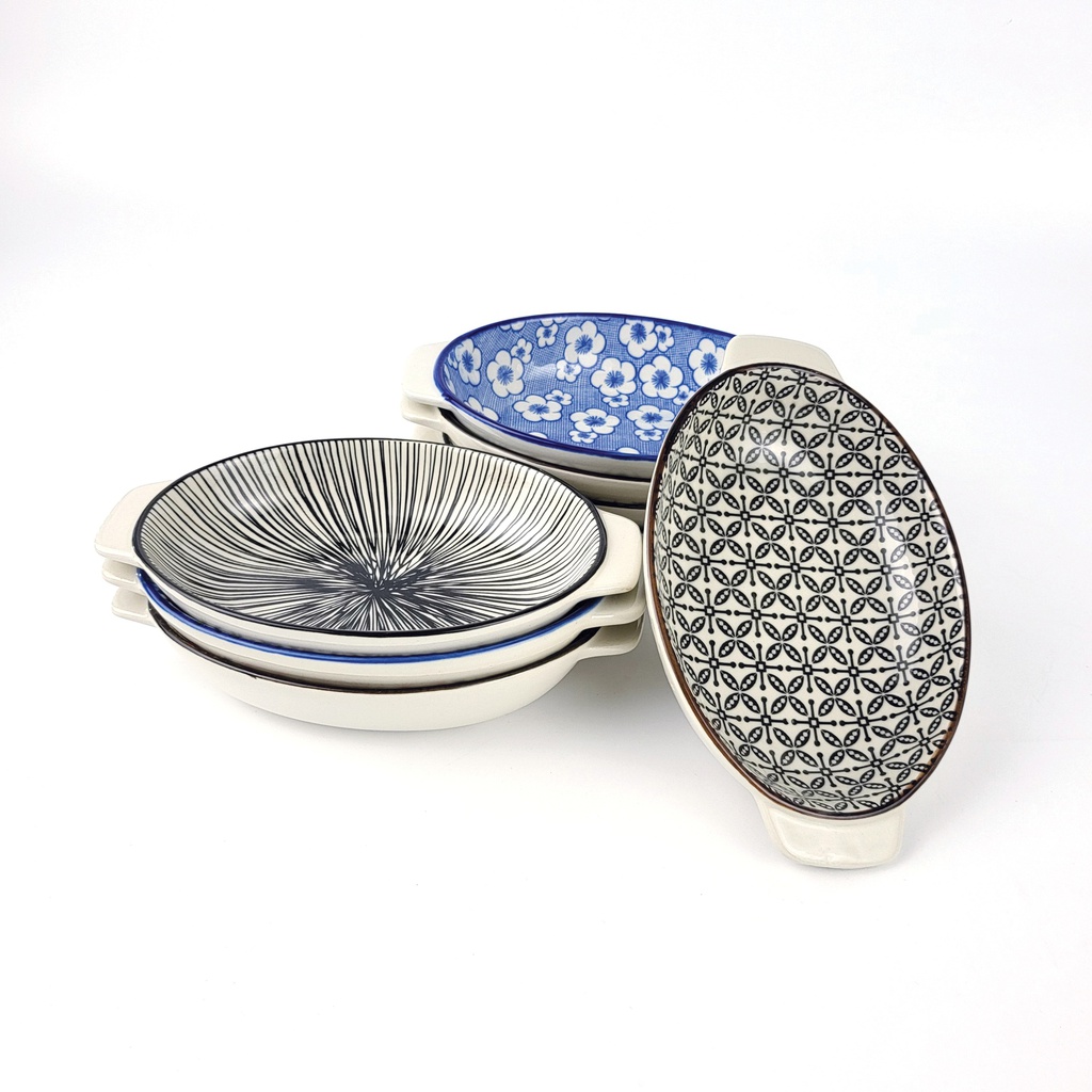 A143 ชามสองหู 8นิ้ว ปั๊มลาย  คละลาย (63ใบ)