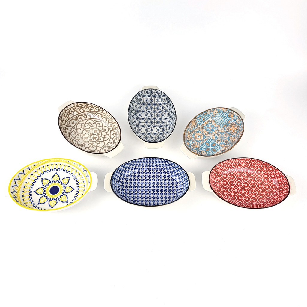 ชามสองหู 9.5นิ้ว ปั๊มลาย  คละลาย (48ใบ)