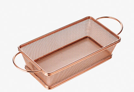 304ตะกร้าของทอด ทรงเหลี่ยมลึก2หู ตาถี่ สีโรสโกลด์ 21*11.5*5.5ซม.(48อัน)